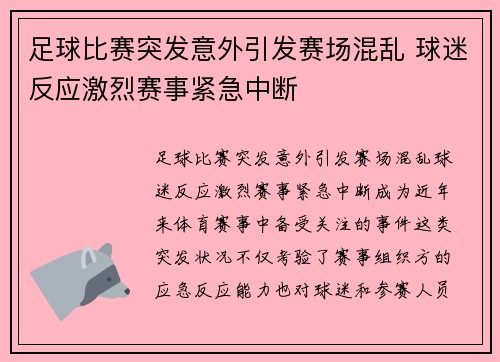 足球比赛突发意外引发赛场混乱 球迷反应激烈赛事紧急中断
