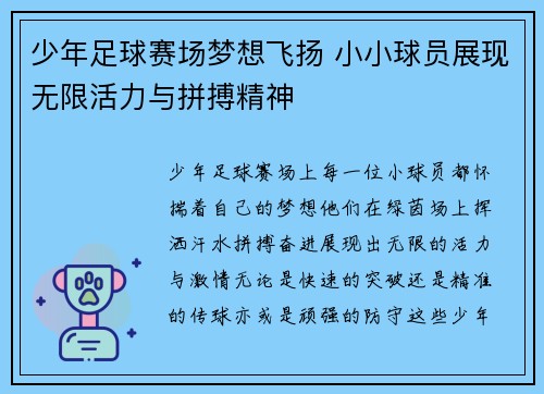 少年足球赛场梦想飞扬 小小球员展现无限活力与拼搏精神