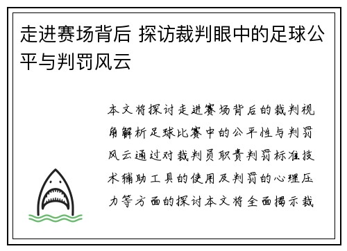 走进赛场背后 探访裁判眼中的足球公平与判罚风云