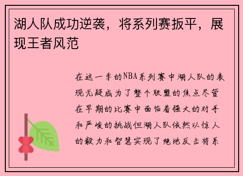 湖人队成功逆袭，将系列赛扳平，展现王者风范