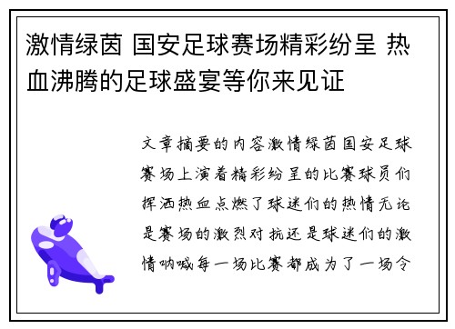 激情绿茵 国安足球赛场精彩纷呈 热血沸腾的足球盛宴等你来见证