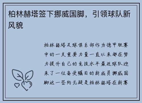柏林赫塔签下挪威国脚，引领球队新风貌