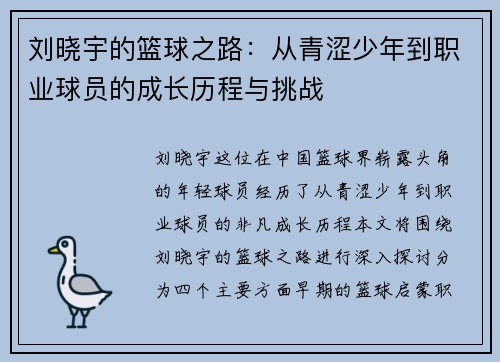 刘晓宇的篮球之路：从青涩少年到职业球员的成长历程与挑战
