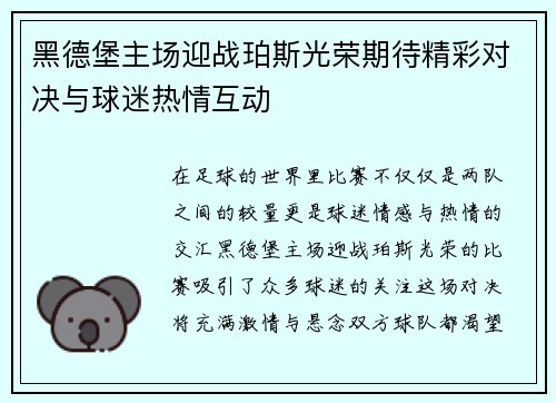 黑德堡主场迎战珀斯光荣期待精彩对决与球迷热情互动