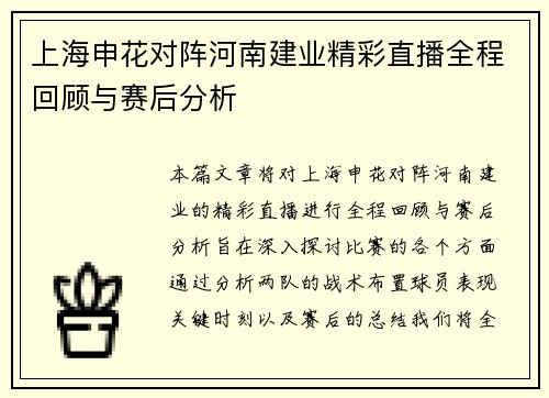 上海申花对阵河南建业精彩直播全程回顾与赛后分析