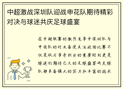 中超激战深圳队迎战申花队期待精彩对决与球迷共庆足球盛宴