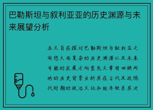 巴勒斯坦与叙利亚亚的历史渊源与未来展望分析