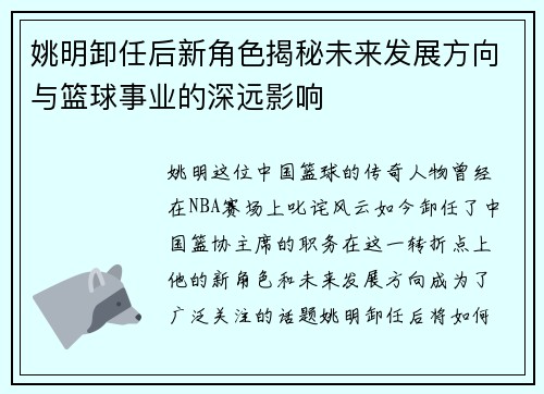 姚明卸任后新角色揭秘未来发展方向与篮球事业的深远影响