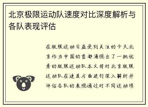 北京极限运动队速度对比深度解析与各队表现评估