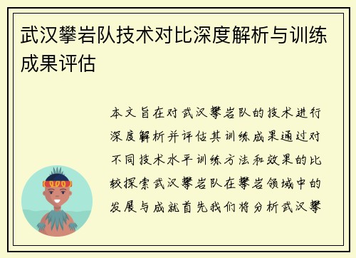 武汉攀岩队技术对比深度解析与训练成果评估